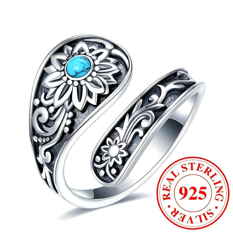 925 Silver Spoon Ring – Sunflower Inlay Elegance