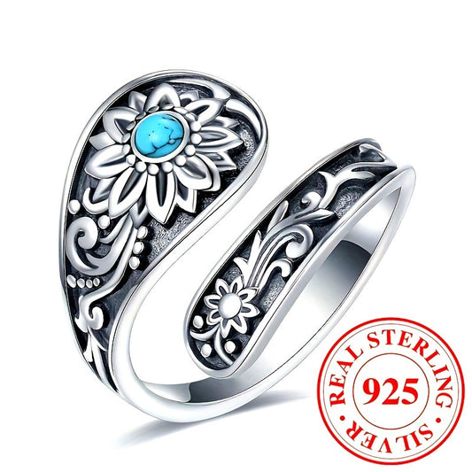 925 Silver Spoon Ring – Sunflower Inlay Elegance