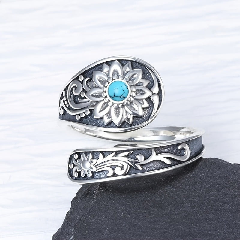 925 Silver Spoon Ring – Sunflower Inlay Elegance