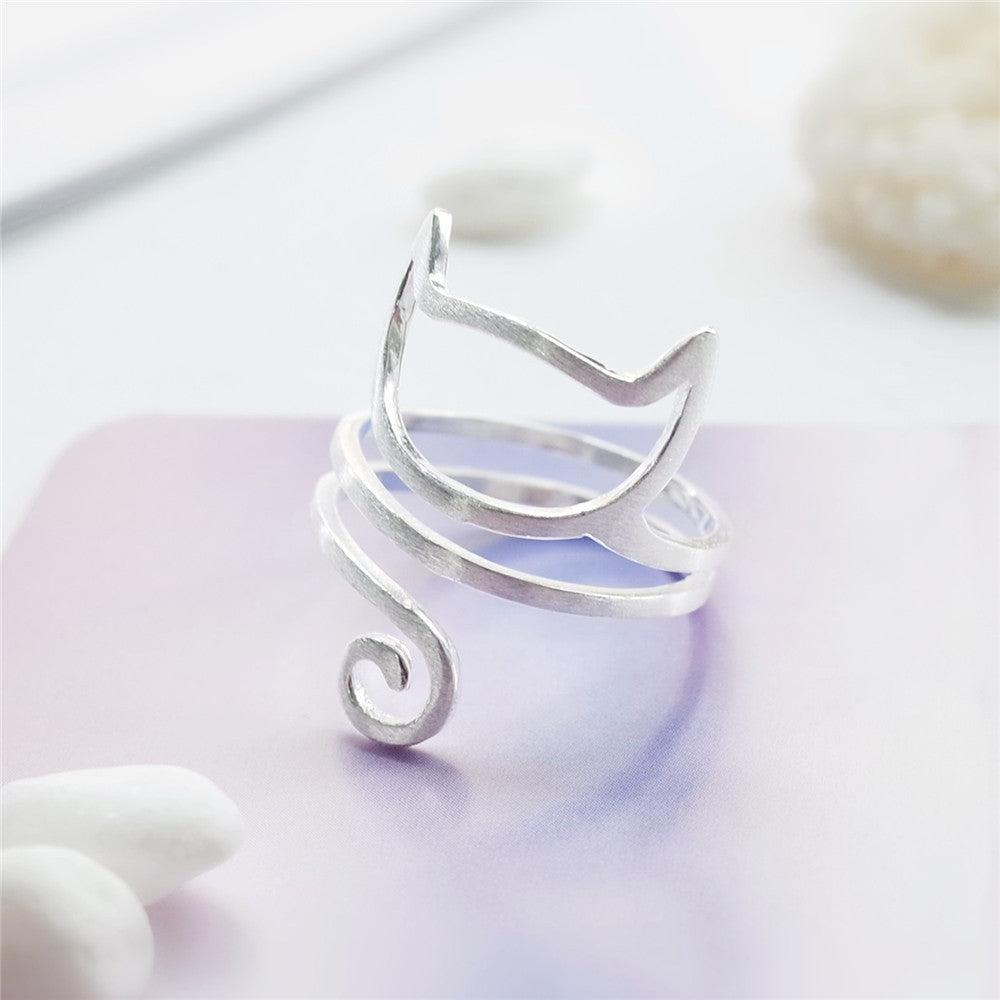 Whisker Whisper – Minimalist Cat Wrap Ring in Brushed Silver