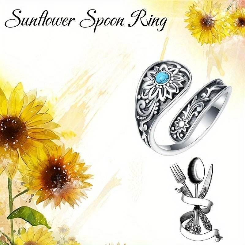 925 Silver Spoon Ring – Sunflower Inlay Elegance
