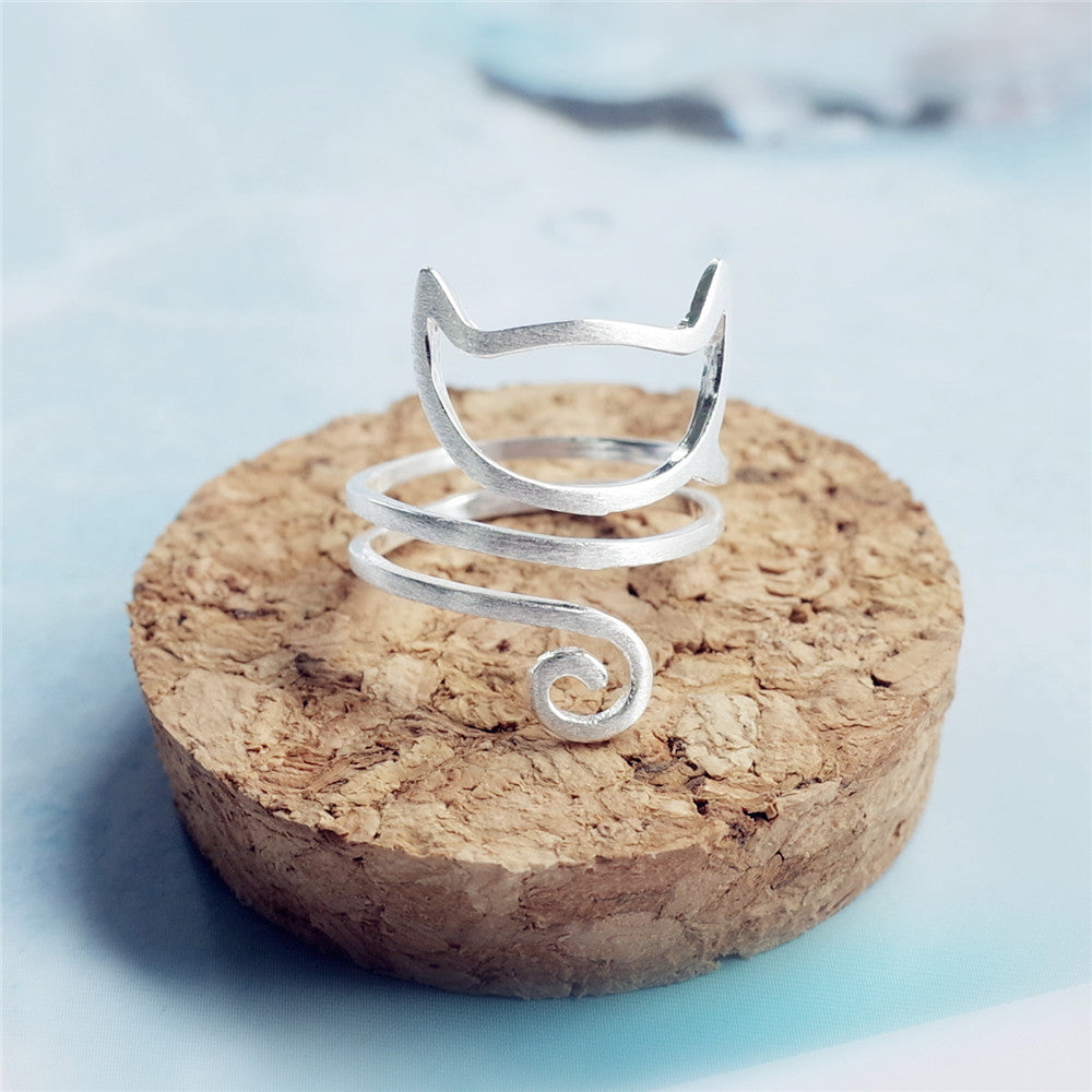 Whisker Whisper – Minimalist Cat Wrap Ring in Brushed Silver