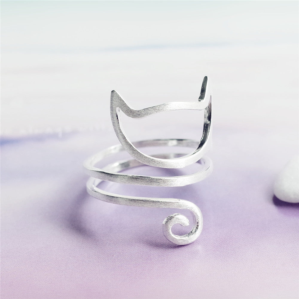 Whisker Whisper – Minimalist Cat Wrap Ring in Brushed Silver