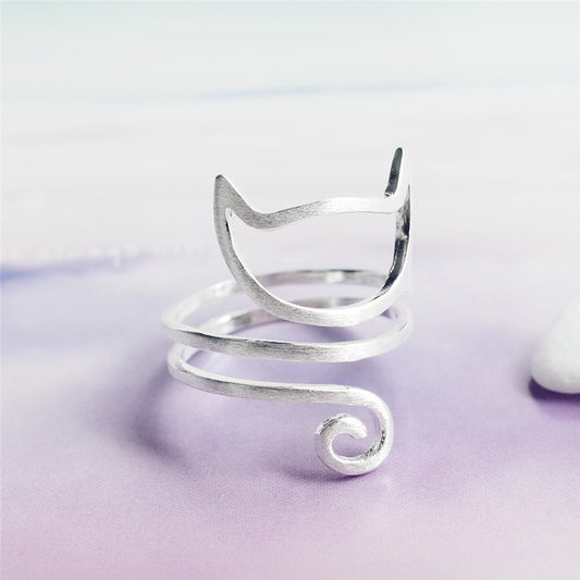 Whisker Whisper – Minimalist Cat Wrap Ring in Brushed Silver