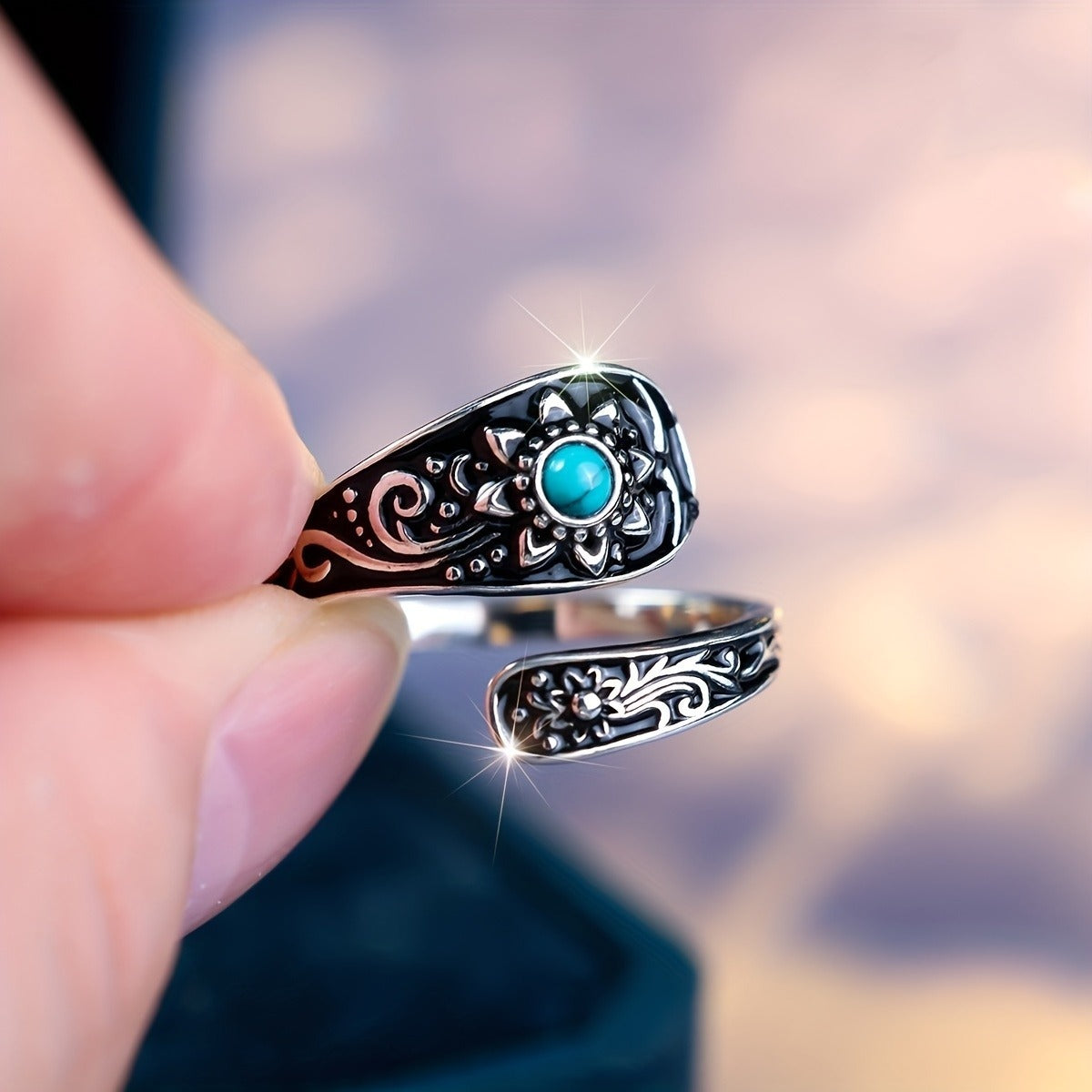 925 Silver Spoon Ring – Sunflower Inlay Elegance